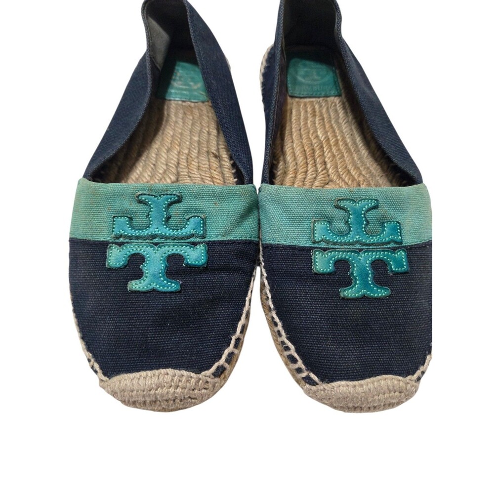 Tory Burch Weston Island Turquoise & Navy Espadrille Flats Size 8 - Picture 2 of 10